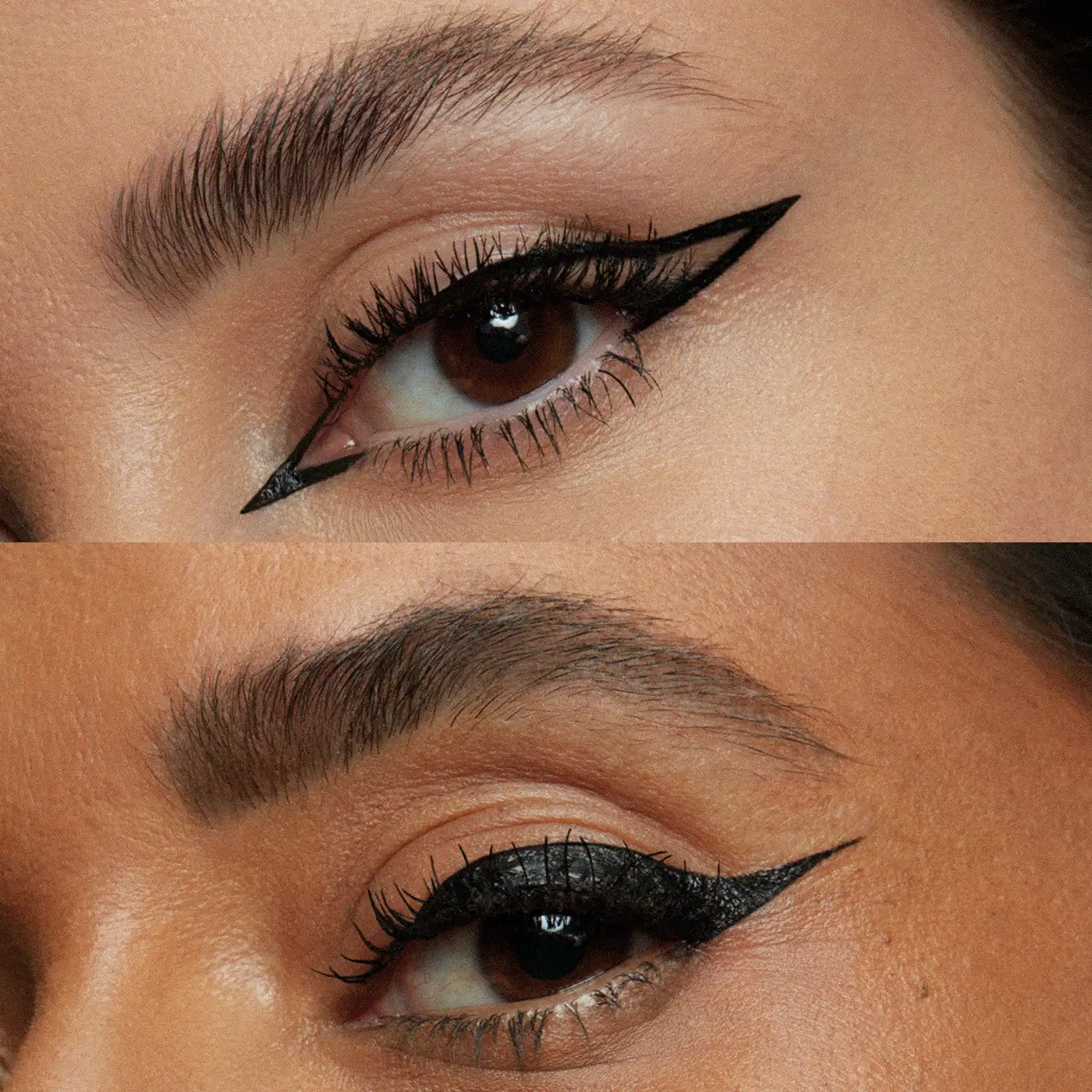 Imagem dividida em duas horizontalmente, mostrando dois olhos femininos. Na primeira imagem, o começo de um delineado e, na segunda imagem, o delineado já finalizado.