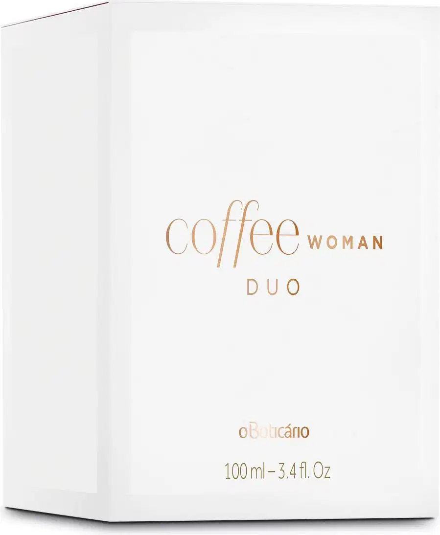 Caixa retangular branca com letras douradas contendo um vidro de 100ml de desodorante colônia Coffee Woman Duo.