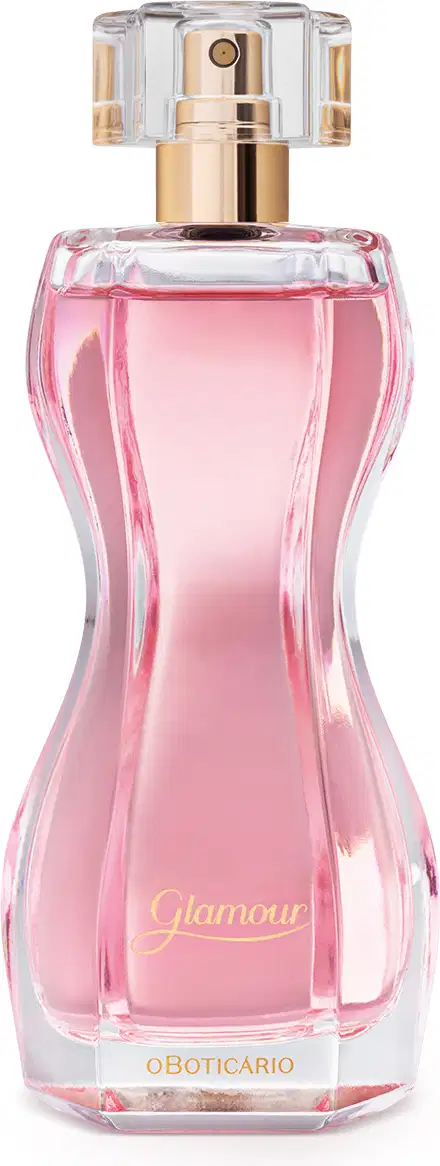 Vidro transparente em formato curvilíneo com líquido rosa, borrifador dourado e tampa cristal contendo 75ml de desodorante colônia Glamour.