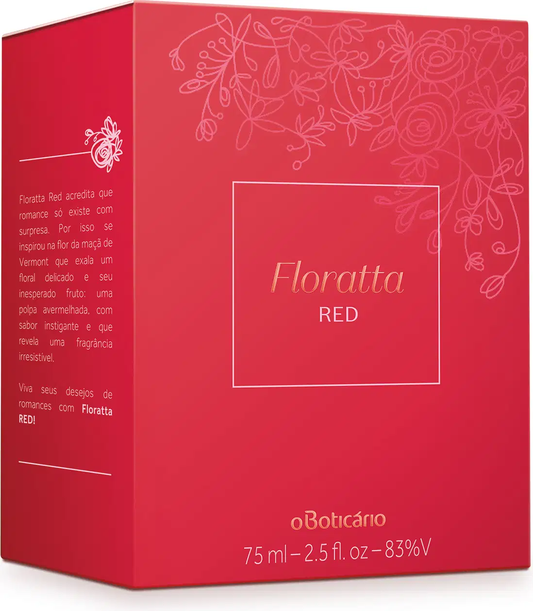 Caixa retangular vermelha de um perfume chamado Floratta Red. A caixa tem detalhes florais desenhados em linhas vermelhas claras sobre o fundo vermelho. Há texto descritivo em português sobre o aroma floral e delicado do perfume.
