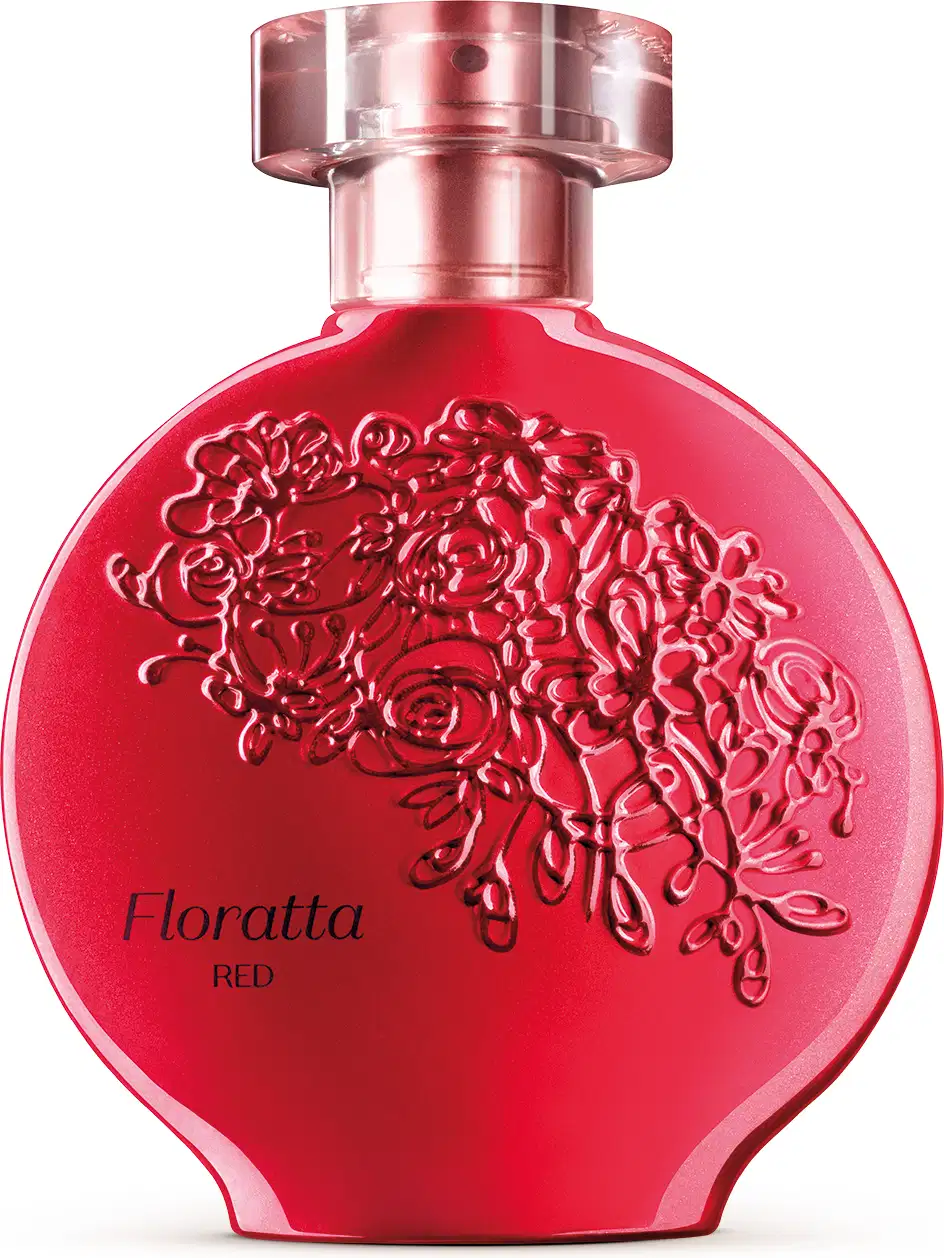 A imagem mostra um frasco de perfume da linha Floratta Red. O frasco tem um design arredondado e é feito de vidro vermelho brilhante. A parte superior é de metal rosado. O nome "Floratta Red" está inscrito em letras elegantes na parte inferior do frasco.