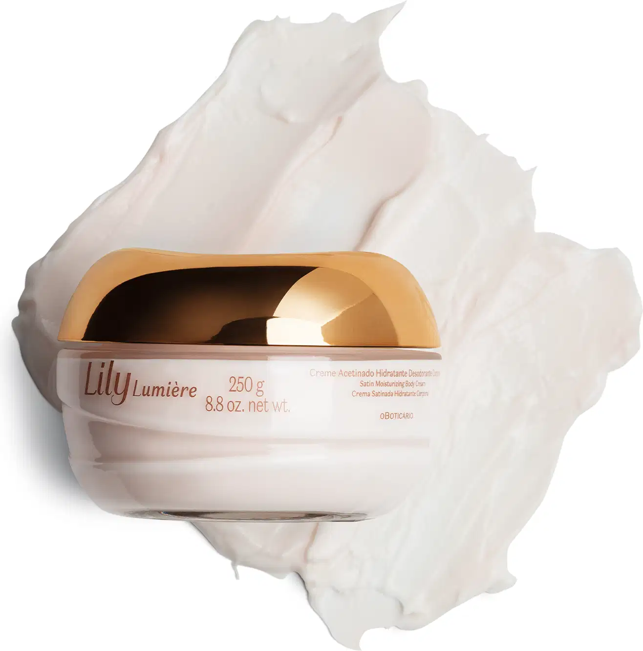 Pote de vidro com creme branco, tampa e letras douradas, contendo 250g de creme acetinado hidratante corporal da marca Lily Lumière com uma quantidade do produto espalhado ao fundo, mostrando a textura do produto.