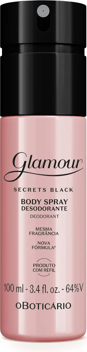 Frasco rosa com tampa e letras pretas contendo 100ml de body spray Glamour Secrets Black.