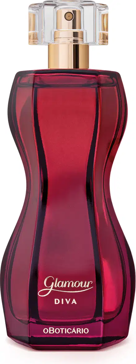 Vidro vermelho escuro em formato curvilíneo, borrifador dourado, tampa cristal e letras douradas contendo 75ml de desodorante colônia Glamour Diva.