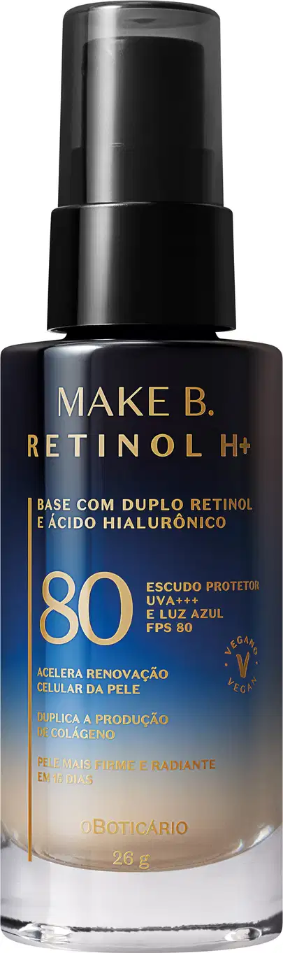 Frasco de vidro cilíndrico em degradê de preto para o azul de base líquida da marca Make B.  Retinol H+. Na parte inferior da embalagem se vê o tom da base. O rótulo contém texto escrito em dourado, com destaque para o FPS 80.