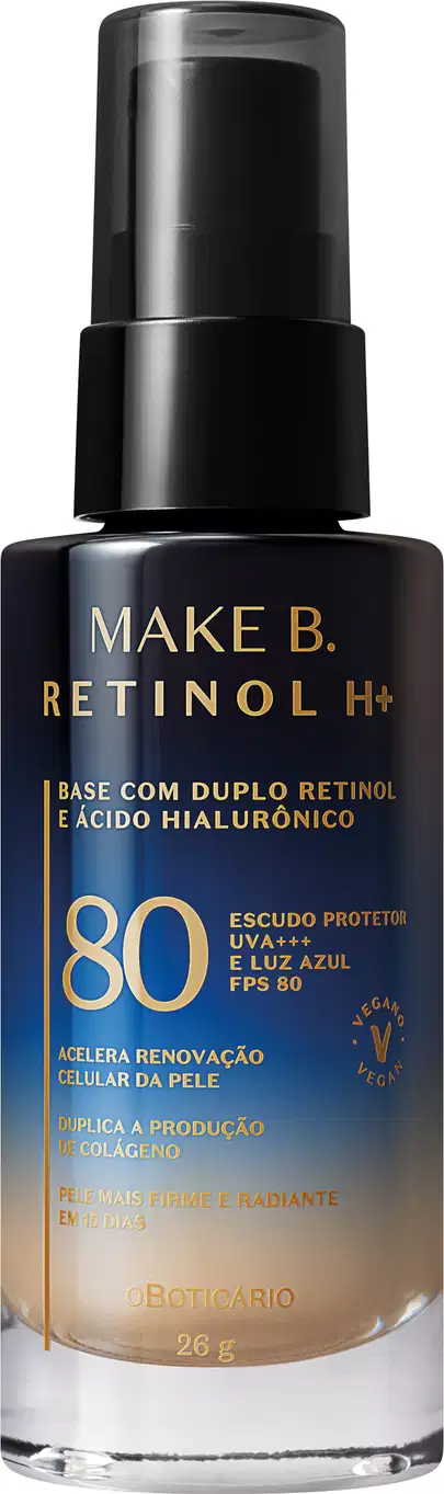 Frasco de vidro cilíndrico em degradê de preto para o azul de base líquida da marca Make B.  Retinol H+. Na parte inferior da embalagem se vê o tom da base. O rótulo contém texto escrito em dourado, com destaque para o FPS 80.