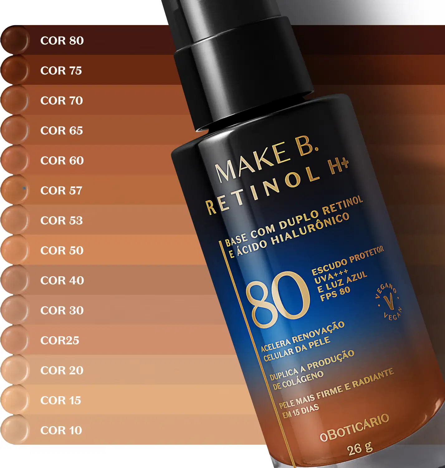 Base Make B. Retinol H+ em frasco de vidro em degrade preto e azul posicionado sobre uma escala de cores listrada, onde cada listra representa uma das 14 cores do produto, do tom 10 (mais claro) ao tom 80 (mais escuro).