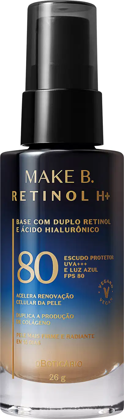 Frasco de vidro cilíndrico em degradê de preto para o azul de base líquida da marca Make B.  Retinol H+. Na parte inferior da embalagem se vê o tom da base. O rótulo contém texto escrito em dourado, com destaque para o FPS 80.