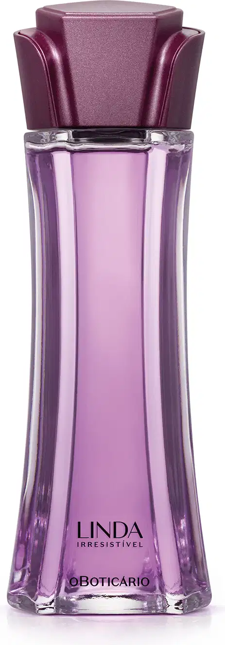 Vidro longo e transparente com líquido lilás, tampa roxa em formato de flor e letras roxas contendo 100ml de desodorante colônia Linda Irresistível.