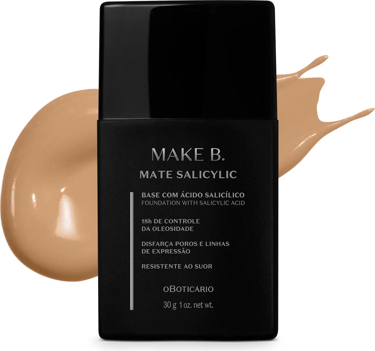 Frasco de base líquida na cor 170 da marca Make B. Mate Salicylic em embalagem preta com rótulo cinza, à frente de amostra de produto bege médio.