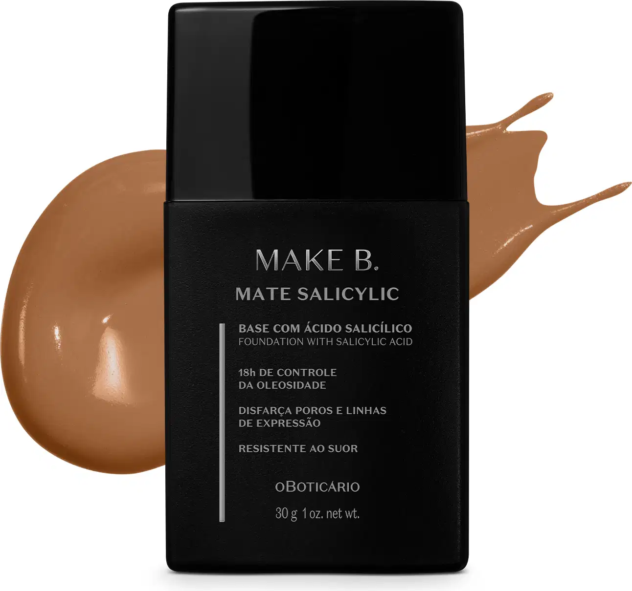 Frasco de base líquida na cor 250 da marca Make B. Mate Salicylic em embalagem preta com rótulo cinza, à frente de amostra de produto bege escuro.