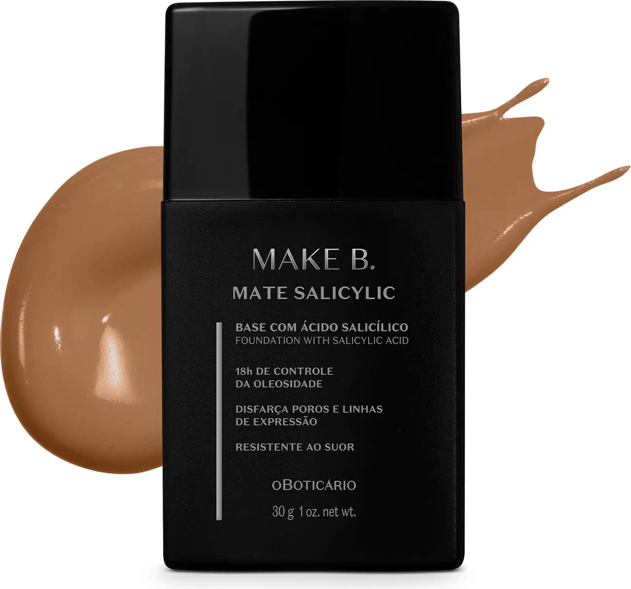 Frasco de base líquida na cor 260 da marca Make B. Mate Salicylic em embalagem preta com rótulo cinza, à frente de amostra de produto bege escuro.