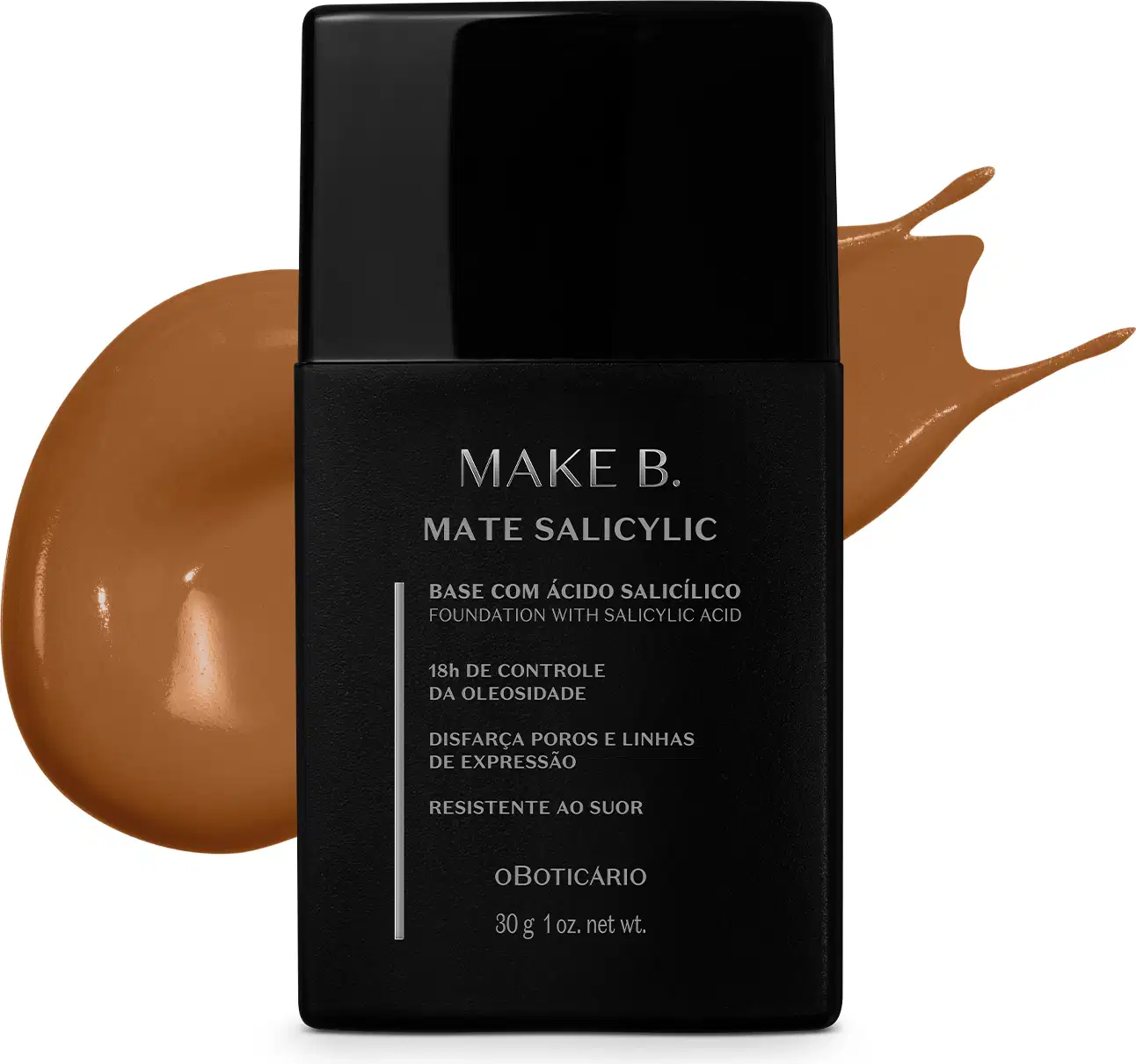 Frasco de base líquida na cor 280 da marca Make B. Mate Salicylic em embalagem preta com rótulo cinza, à frente de amostra de produto marrom.