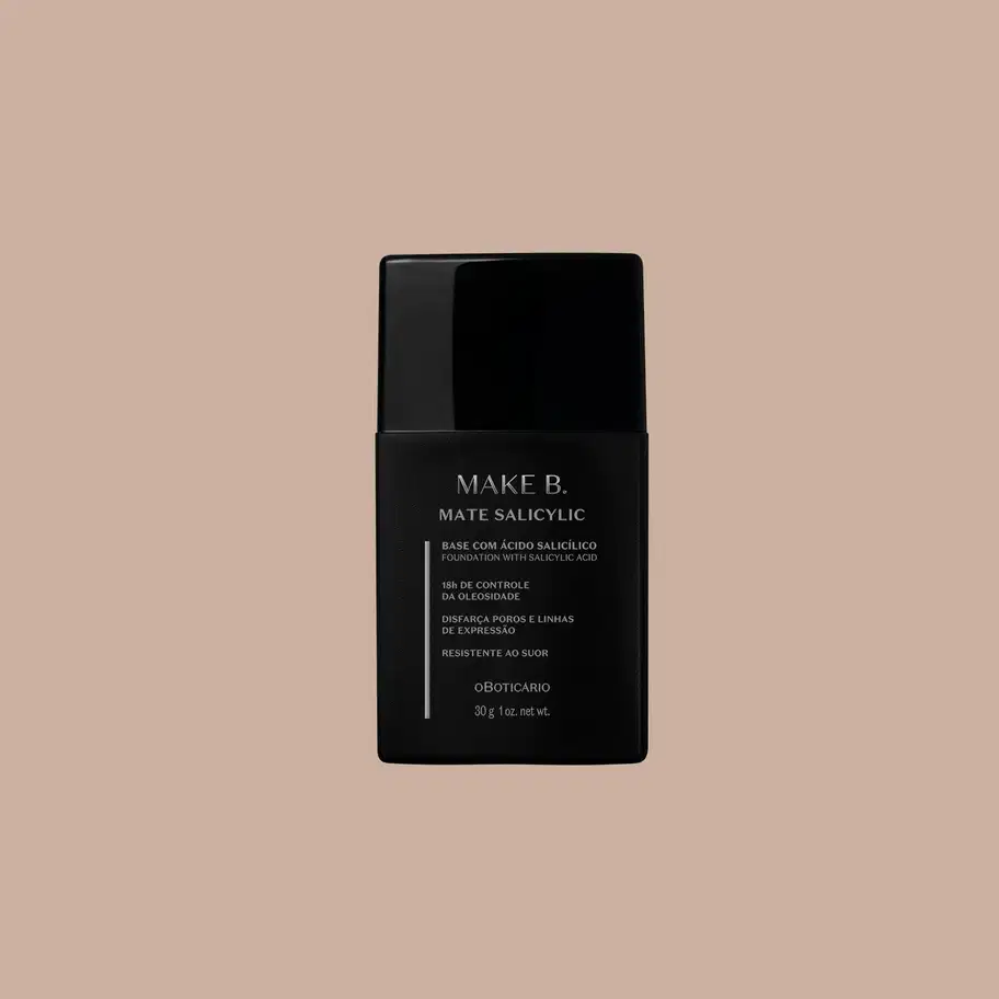 Gif mostrando o frasco preto com letras cinzas da base líquida Make B. Mate Salicylic posicionada ao centro. Aos poucos, vão aparecendo todas as cores do produto ao redor da embalagem, facilitando a escolha da melhor cor para você.