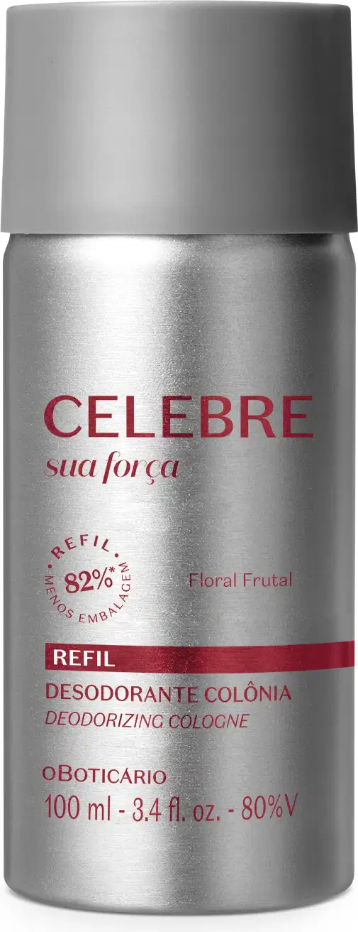 Refil de desodorante colônia Celebre Sua Força Feminino em frasco cilíndrico prateado com tampa cinza e letras vinho.