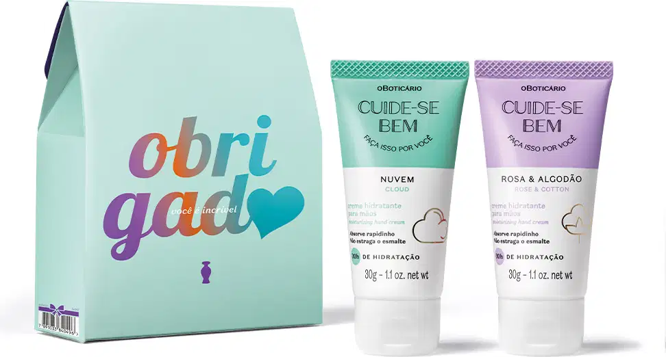 Caixa de presente azul com agradecimento em letras coloridas e dois tubos de creme para mãos da marca Cuide-se Bem, sendo um azul e branco com nuvem ilustrada da linha Nuvem, e um lilás e branco com flor de algodão ilustrada da linha Rosa e Algodão.