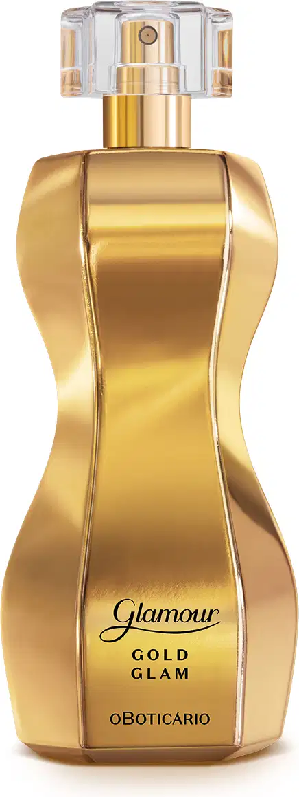 Frasco dourado em formato curvilíneo com borrifador dourado, tampa cristal e letras pretas contendo 75ml de desodorante colônia Glamour Gold Glam.