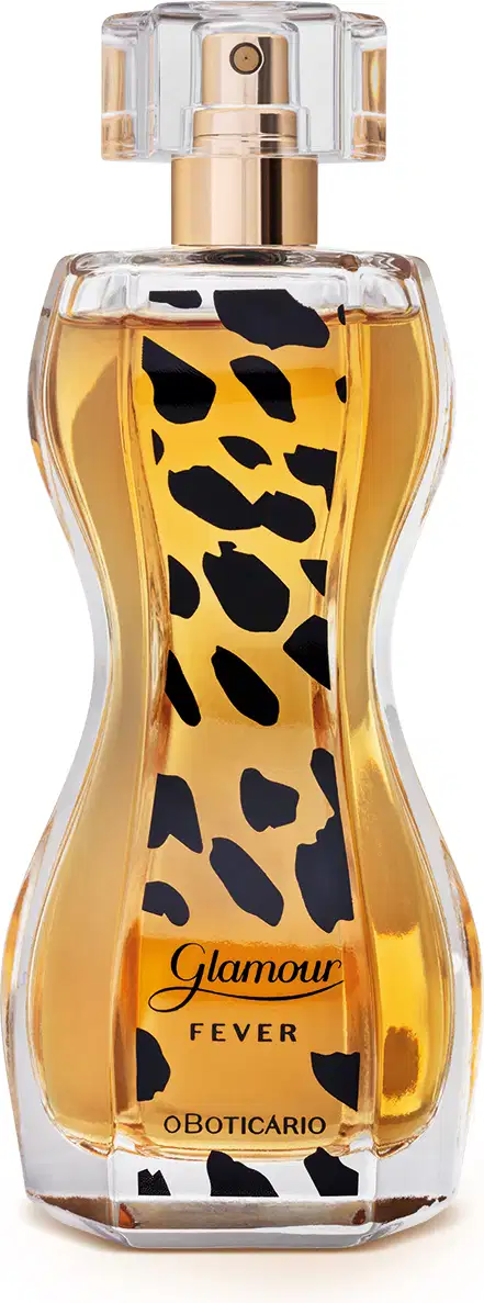Vidro transparente com formato curvilíneo e líquido âmbar, borrifador dourado, tampa cristal e rótulo com estampa de animal print contendo 75ml de desodorante colônia Glamour Fever.