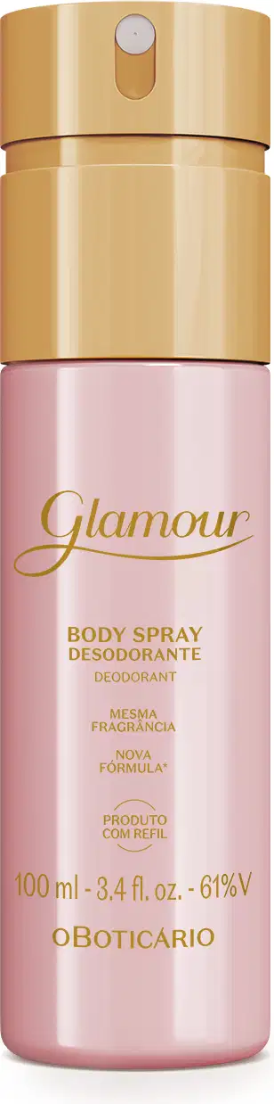 Frasco rosa com tampa e letras douradas contendo 100ml de body spray Glamour.