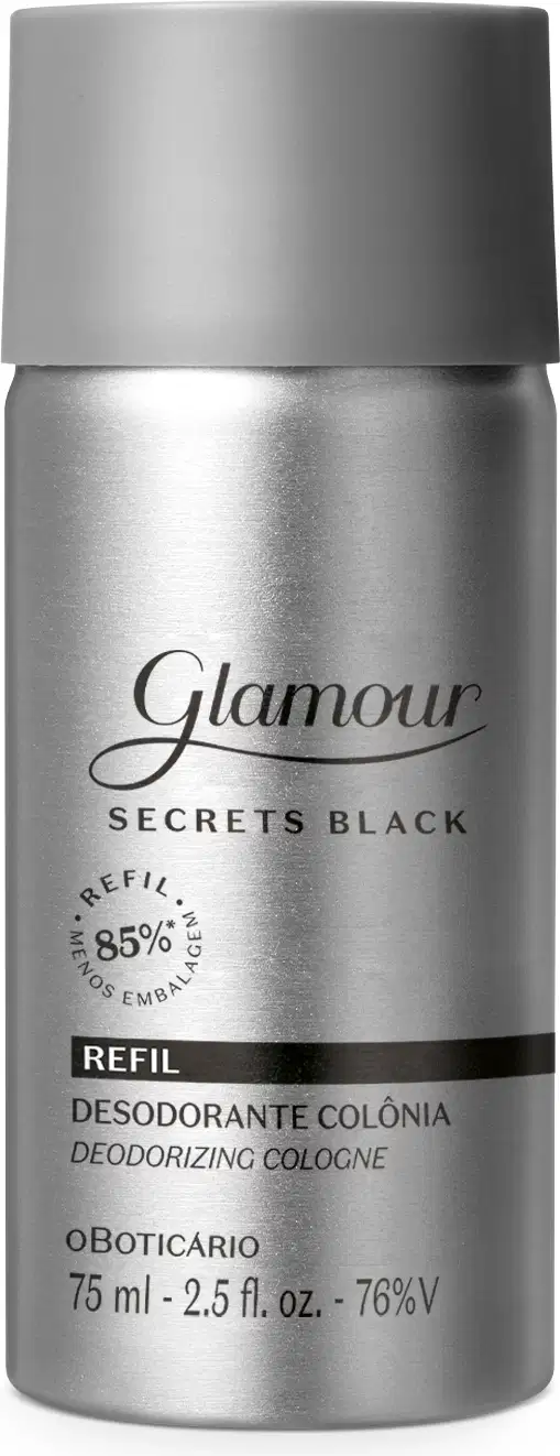 Refil de desodorante colônia Glamour Secret Black em frasco prateado com tampa e letras cinzas e detalhes em preto.
