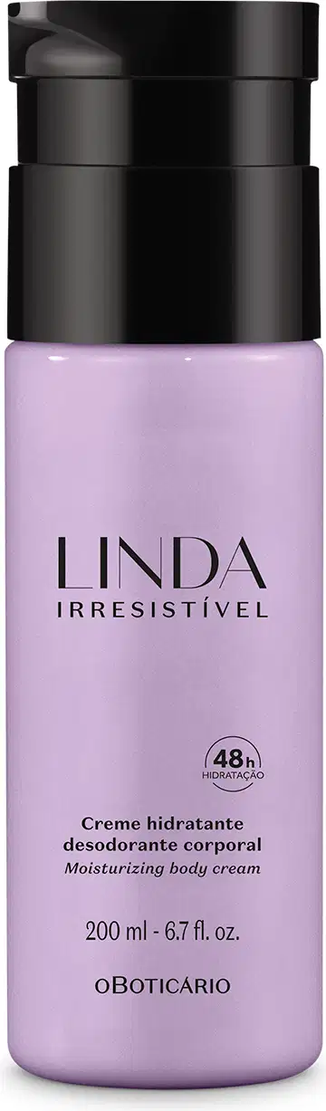 Frasco lilás com tampa e letras pretas contendo 200ml de loção hidratante corporal da marca Linda Irresistível.