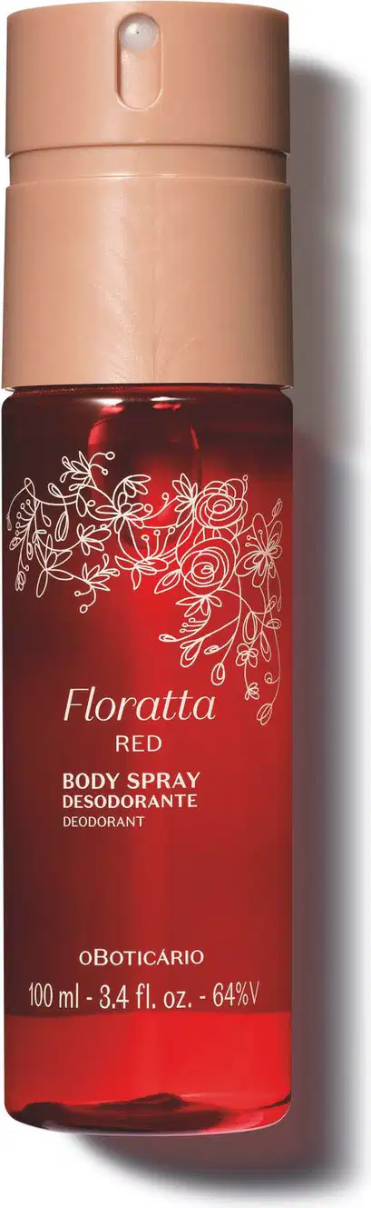 Parte inferior do frasco é vermelha e tranparente, enquanto a tampa é bege.O  rótulo tem detalhes florais em branco e o texto "Floratta RED BODY SPRAY DESODORANTE DEODORANTE oBoticario 100 ml - 3.4 fl. oz. - 64% V". Embalagem compacta e portátil.