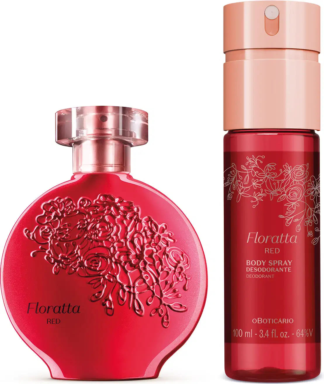 Perfume Floratta Red em frasco de vidro vermelho arredondado com detalhes florais em alto relevo. Desodorante corporal Floratta Red em frasco plástico cilíndrico rosa com detalhes vermelhos. Ambos os produtos apresentam o nome "Floratta Red".