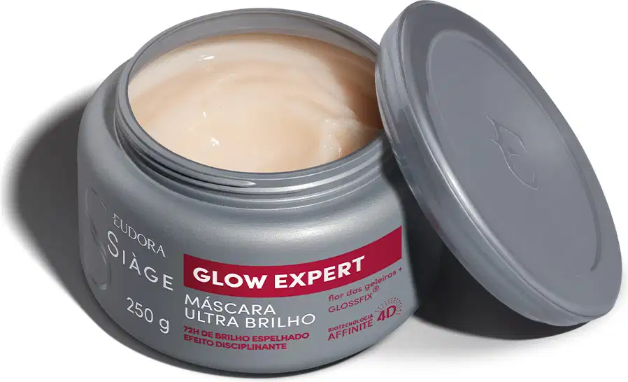 Pote de máscara capilar Siàge Glow Expert, com 250g de produto, embalagem cinza redonda tipo pote com tampa de rosquear com detalhes em vermelho, rótulo indicando "Máscara Ultra Brilho" e "Efeito Disciplinante".