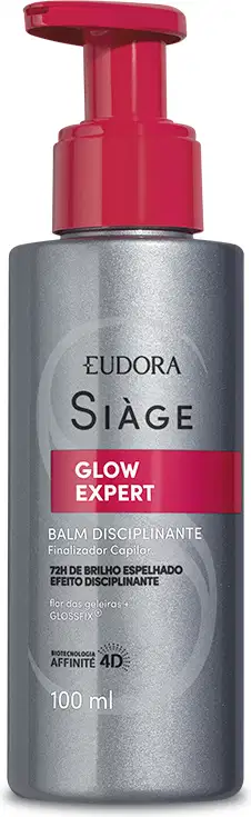 Frasco de 100 ml do Balm Disciplinante Glow Expert da linha Siàge, com embalagem prateada e tampa vermelha tipo pump, indicando um produto para cuidados com a pele e promovendo o brilho.