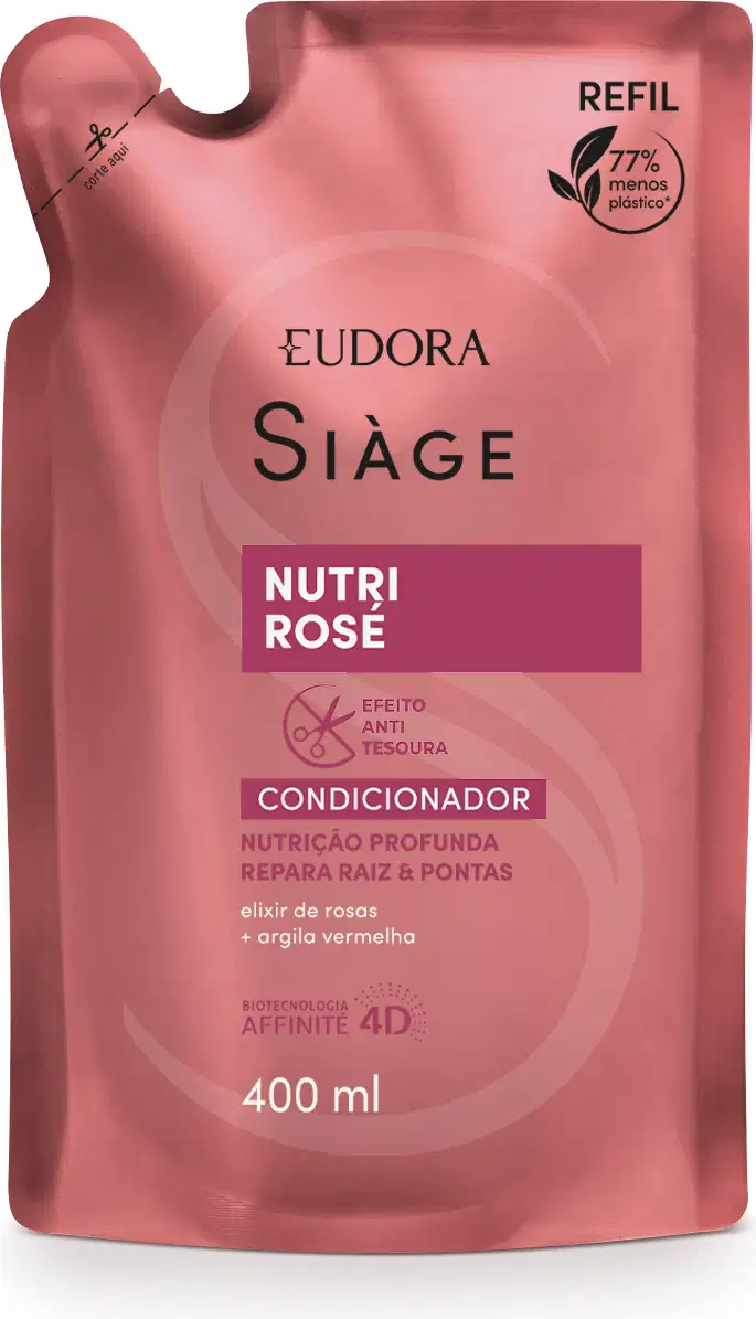 Refil de condicionador Nutri Rose da linha Siàge da marca Eudora. Embalagem flexível em tom rosa salmão com detalhes em rosa claro. Rótulo em letras brancas e rosa escuro.