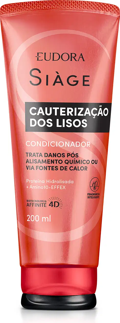 Frasco de condicionador Siàge da Eudora, com embalagem bisnaga vermelha e cinza, contendo 200 ml, tampa preta na parte inferior, . O rótulo destaca a "Cauterização dos Lisos" como principal benefício do produto.