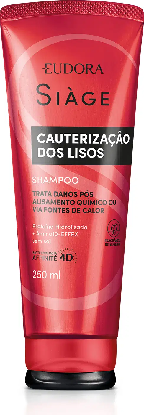 Frasco de shampoo Siàge da marca Eudora, com embalagem vermelha e cinza, indicando "Cauterização dos Lisos" como função do produto. Contém 250 ml e menciona a tecnologia Affinity 4D.