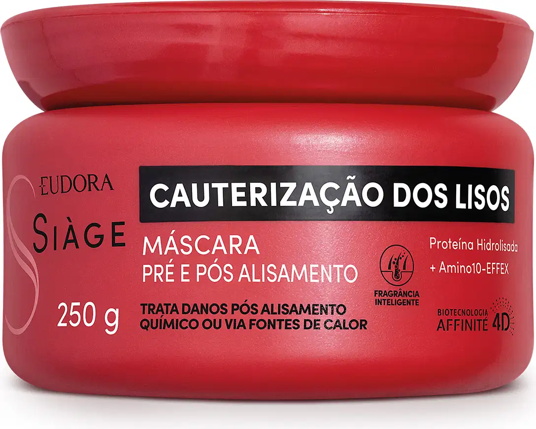 Máscara pré e pós alisamento da linha Siàge, em embalagem vermelha com rótulo preto destacando "Cauterização dos Lisos". Produto de 250g com proteína hidrolisada e Amino10-EFFEX, para tratamento de danos após alisamento químico ou fontes de calor.