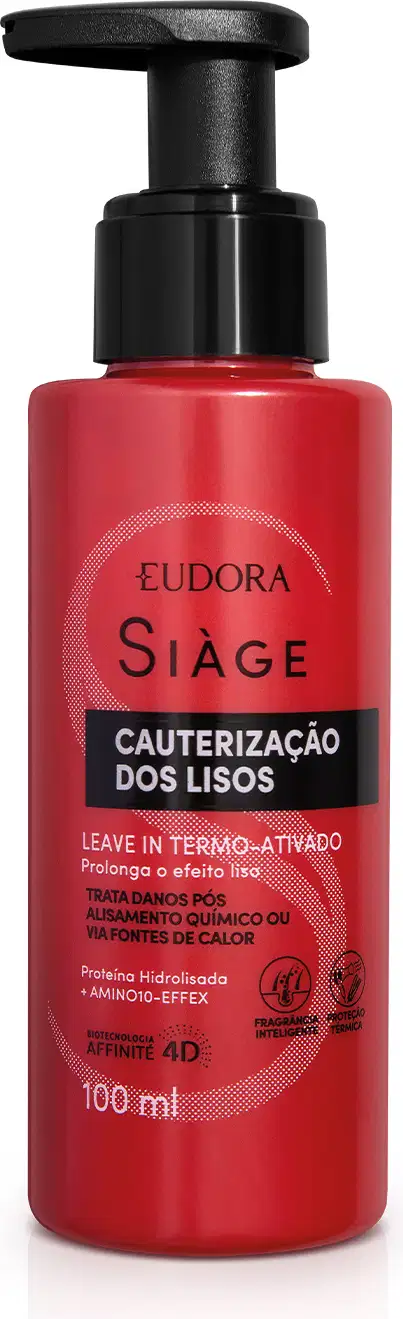 Frasco de tratamento capilar Siàge Eudora, com bomba dosadora preta, contendo 100 ml de produto de cor vermelha. O rótulo apresenta o nome "Siàge" e a descrição "Cauterização dos lisos".