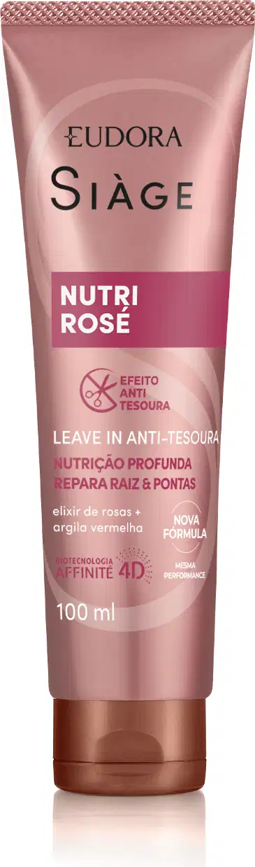 Tubo de 100 ml do leave-in anti-ressecamento Nutri Rosé da linha Siàge da Eudora, com embalagem rosa e detalhes em dourado, contendo informações sobre sua fórmula com elixir de rosas e argila vermelha.