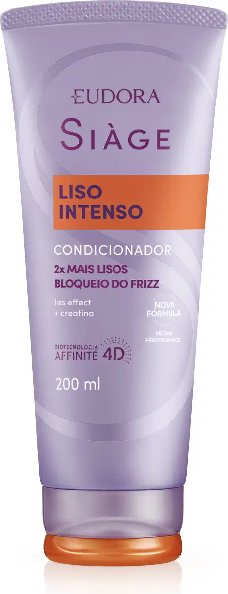 Frasco de condicionador Siàge Liso Intenso, com embalagem roxa e laranja, contendo 200 ml do produto. O rótulo destaca os benefícios de maior alisamento e controle do frizz.