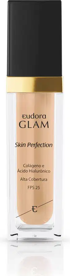 Frasco de maquiagem Eudora Glam Skin Perfection, com embalagem preta e detalhes dourados, contendo informações sobre o produto, como colageno, ácido hialurônico e FPS 25.