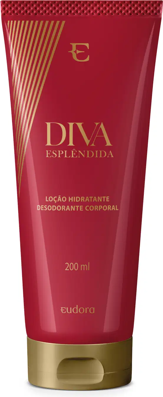 Loção hidratante desodorante corporal Diva Esplêndida em embalagem plástica vermelha de 200ml. Embalagem tubular com detalhes dourados na base. Rótulo vermelho com listras diagonais douradas e o logotipo da marca Diva em dourado. Volume de 200ml.