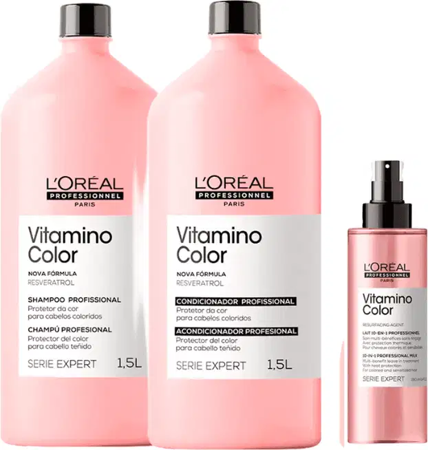 Conjunto de produtos L'Oréal Professionnel da linha Vitamino Color, incluindo shampoo, condicionador e spray em embalagens rosa com rótulos em inglês.