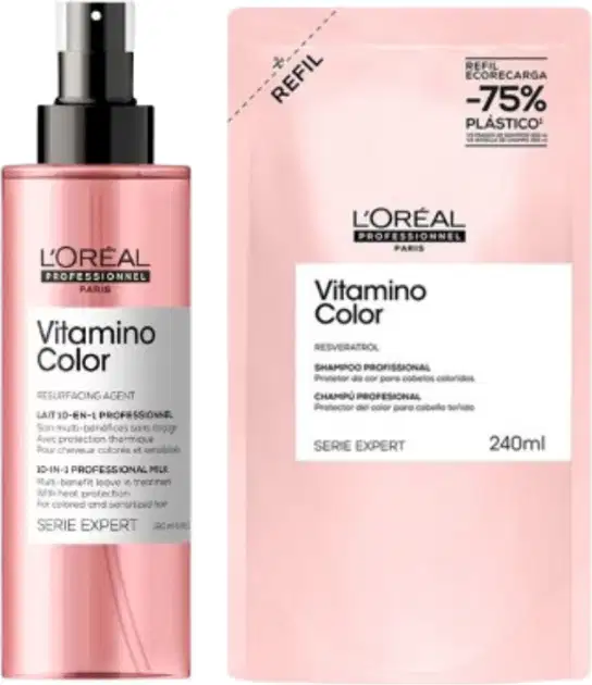 O produto é um leavein e shampoo refil profissional da linha Vitamino Color da L'Oréal Professionnel, em embalagem rosa e caixa rosa com informações sobre o produto.