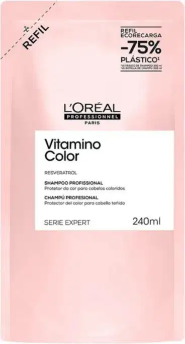 Frasco de shampoo profissional da linha Vitamino Color da L'Oréal Professionnel, com embalagem rosa e informações sobre a fórmula e volume de 240ml.