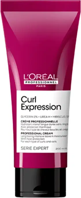 Tubo rosa da linha Curl Expression da L'Oréal Professionnel, contendo creme profissional para cabelos cacheados e ondulados. Embalagem com design moderno e informações sobre a série Expert.