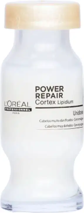 Frasco de tratamento capilar Power Repair da L'Oréal Professionnel, com tampa bege e rótulo branco contendo o nome do produto e a marca. O produto é apresentado em embalagem transparente, destacando seu conteúdo líquido.