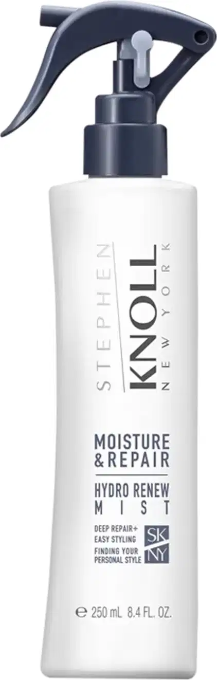 Frasco branco com rótulo "Stephen Knoll" e texto "Moisture & Repair Hydro Renew Mist", com gatilho de pulverização preto, apresentando produto de cuidados capilares para hidratação e reparo.