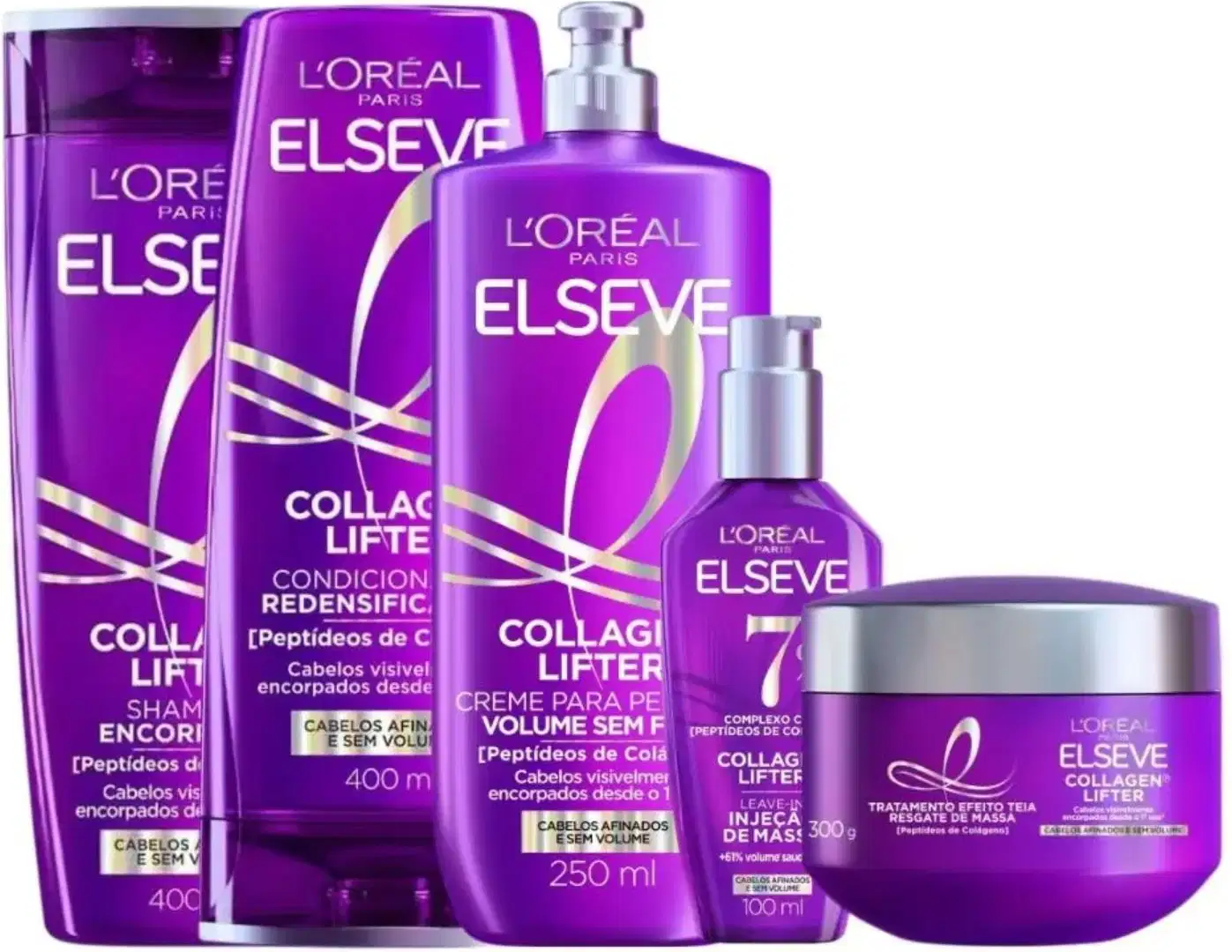 Produtos da linha Elseve da L'Oreal Paris, incluindo shampoo, condicionador, creme para pentear e tratamento de cabelo da linha Collagen® Lifter