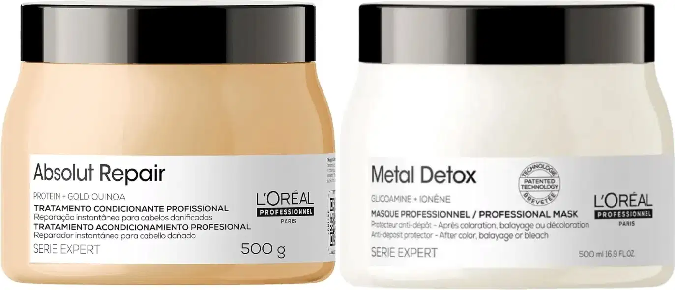 Duas máscaras de tratamento capilar da linha L'Oréal Professionnel: Absolut Repair e Metal Detox, em embalagens de 500g cada