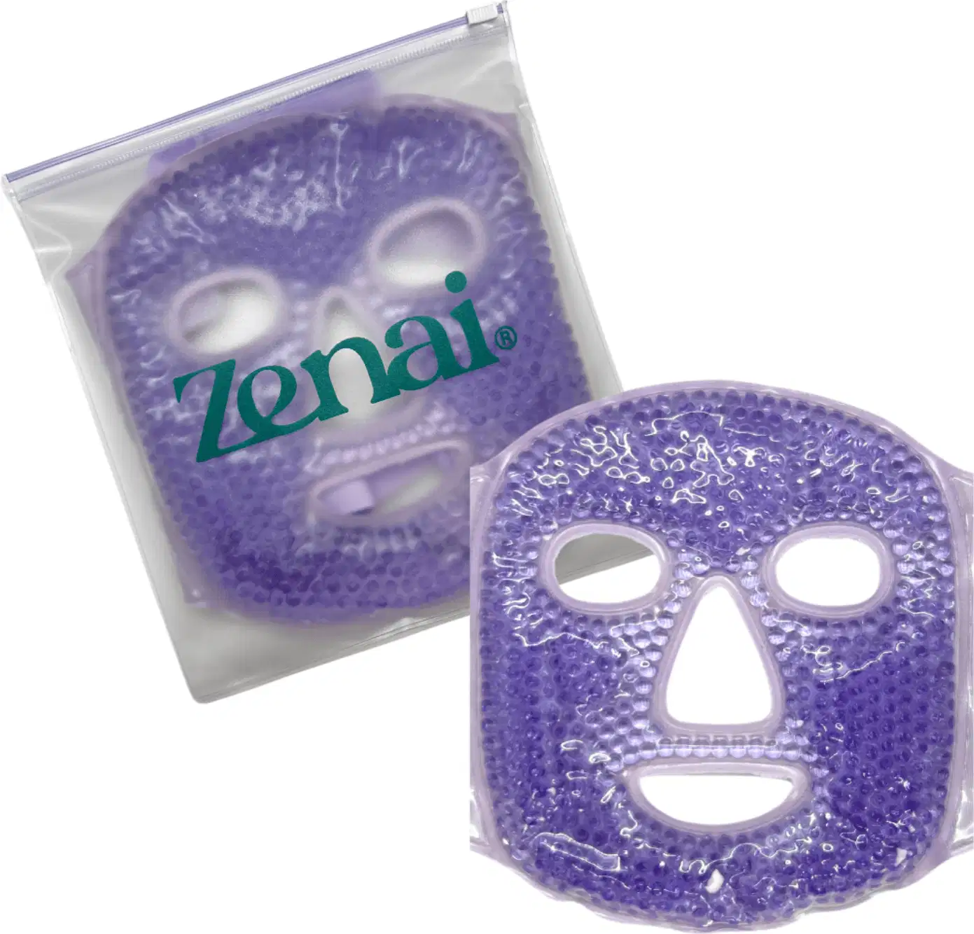 Máscara facial de gel de cristal de cor roxa da marca Zenai, embalada em saco plástico transparente com logotipo da marca.
