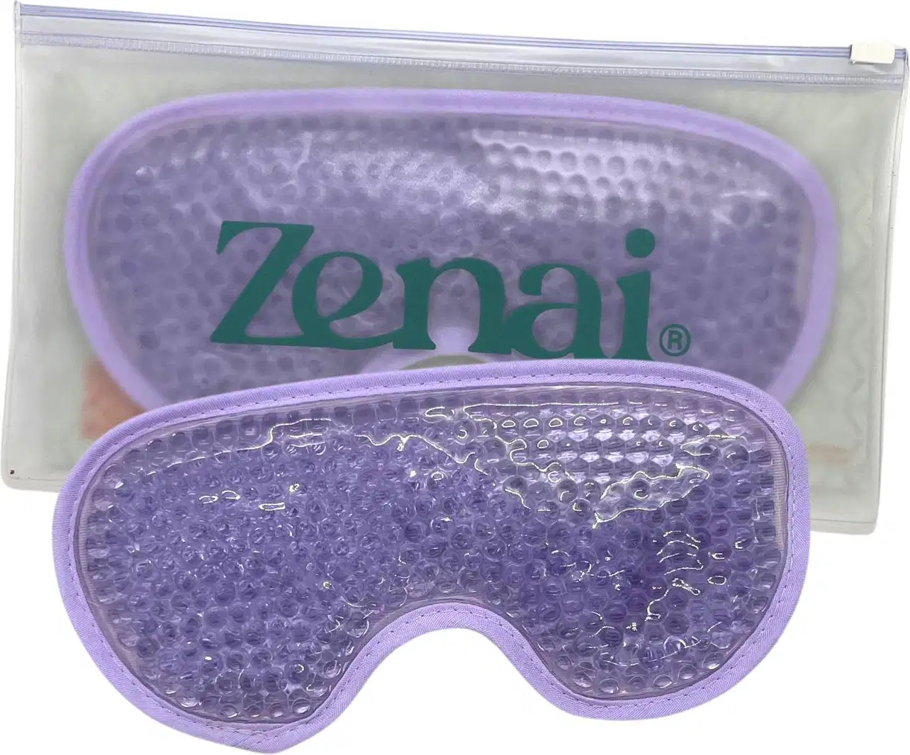 Embalagem plástica transparente contendo uma máscara de gel de resfriamento com textura de bolhas e logotipo "Zenai" em verde e roxo.