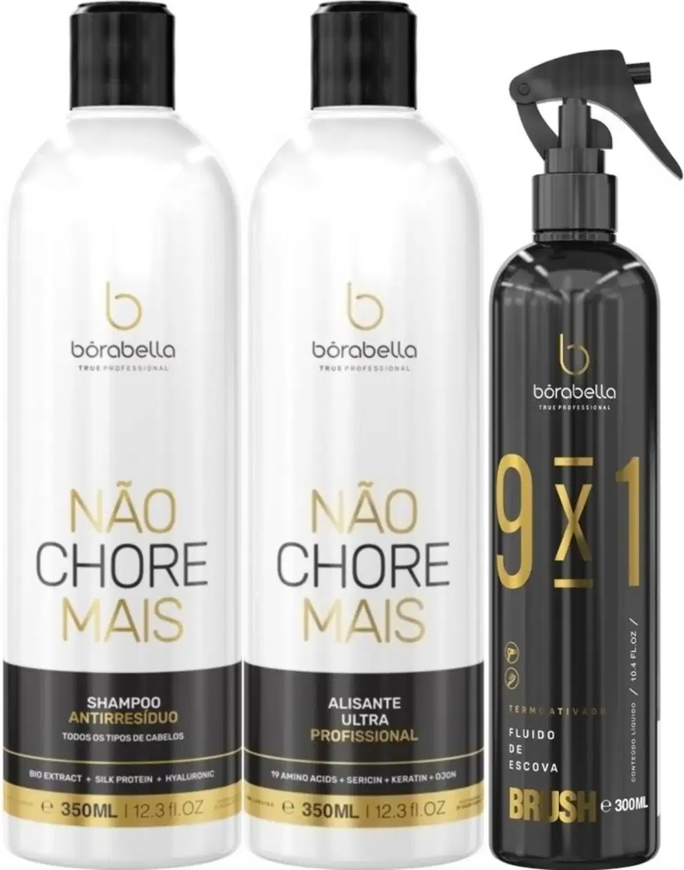 Shampoo e Alisante Borabella Não Chore Mais 2x350ml + Fluido Escova Brush 9x1 300ml