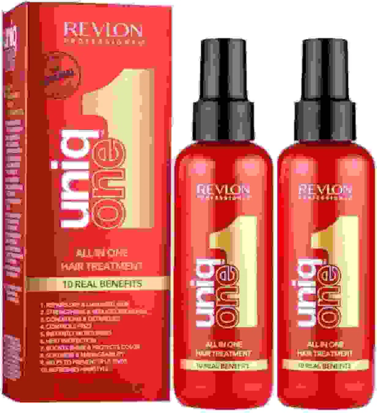 Dois leave-ins da linha Uniq One da marca Revlon Professional. Há uma caixa retangular vermelha com detalhes em branco e dourado, listando os 10 benefícios do tratamento.